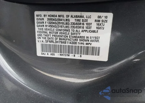 2010 Honda Odyssey Exl z USA, uszkodzony, nr VIN 5FNRL3H79AB114308